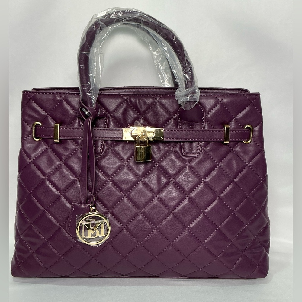 Badgley Mischka Big Diamond quilted tote with lock plum Handbag New